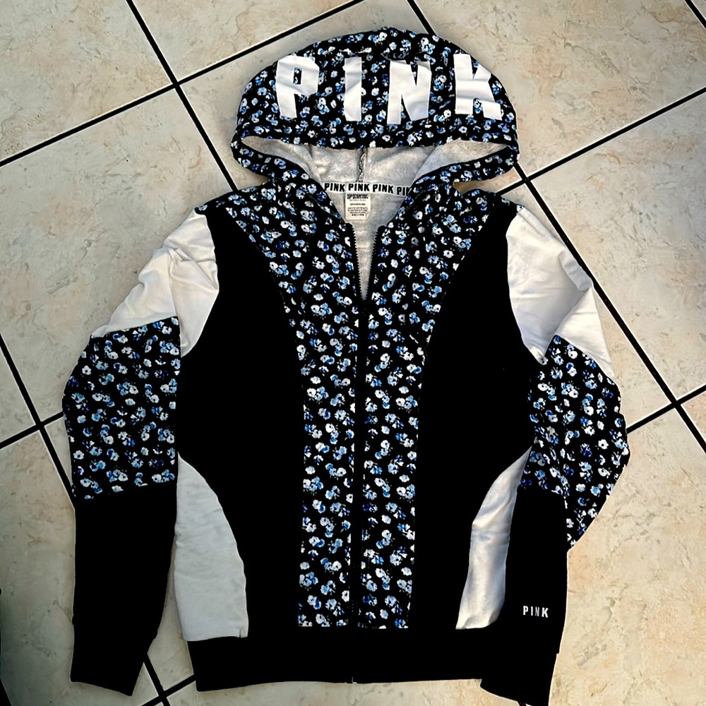 Black Floral Victoria Secret Pink Zip Up Hoodie